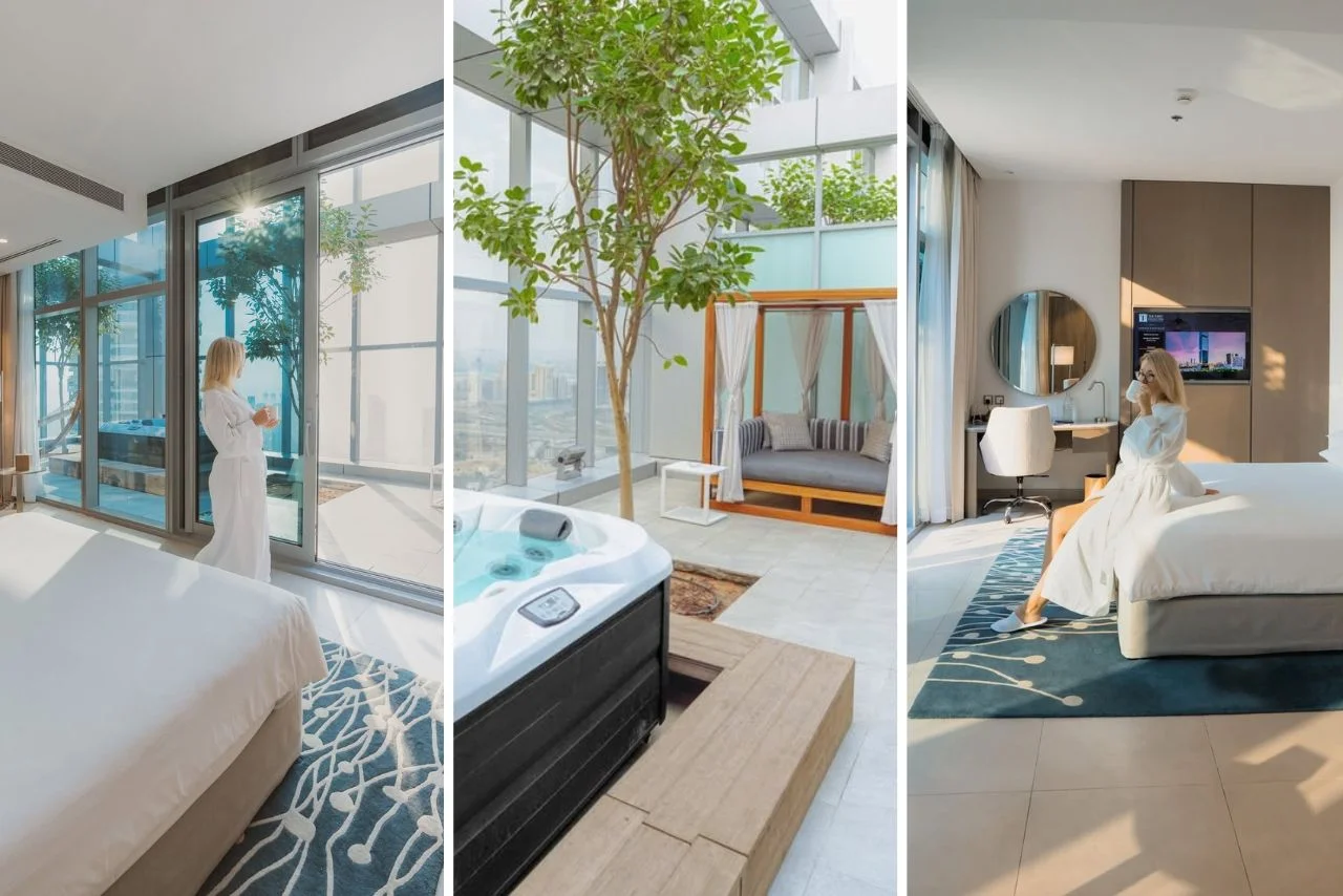 Modern hotel suite collage: A woman enjoys scenic city views through floor-to-ceiling windows, a terrace with potted trees and a hot tub, and sits on a plush bed in a bright, elegant room. The ambiance is serene and luxurious.