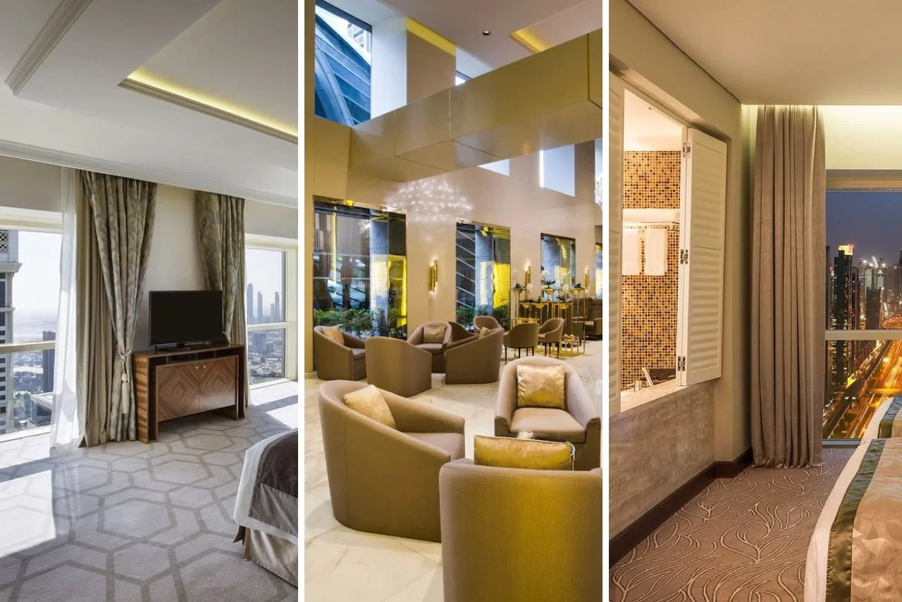 Luxurious hotel interiors: A bright bedroom with city views, a lounge with plush seating and high ceilings, and a night scene of city lights.