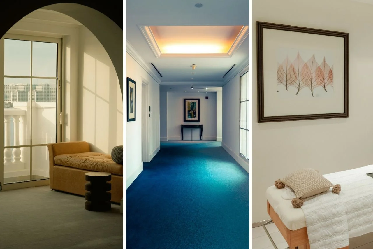 The Westin Dubai Mina Seyahi Beach Resort & Marina 2 Three images of serene interior spaces: a sunlit room with a sofa, a tranquil carpeted hallway with art, and a minimalist massage room with a nature painting.
