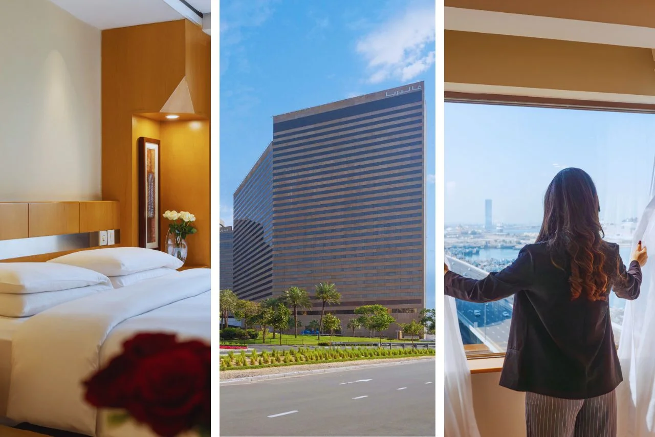 A serene hotel room with neatly made bed and flowers; middle image shows a modern, high-rise building; a person gazes out at a cityscape from a window.