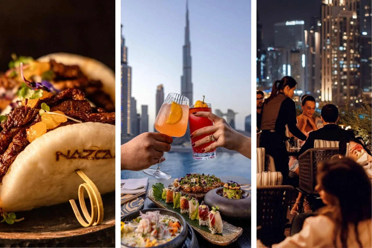 Three-panel image: 1) Close-up of gourmet taco with vibrant garnishes. 2) Two people clink cocktail glasses against a skyline, including a tall tower. 3) Evening city restaurant scene with people dining under soft lights.