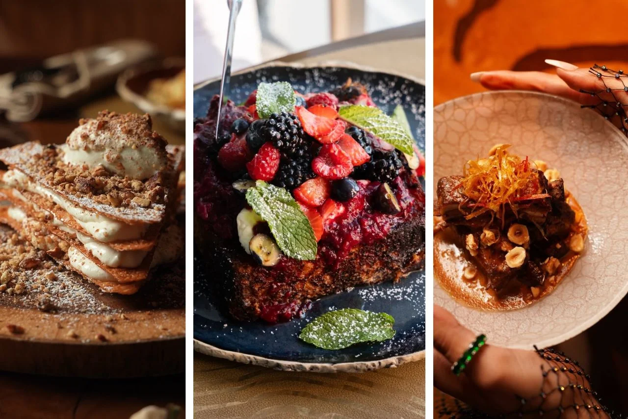 A trio of desserts: left, layered cake with cream and nuts; center, berry-topped chocolate toast; right, spiced cake with hazelnuts, garnished elegantly.