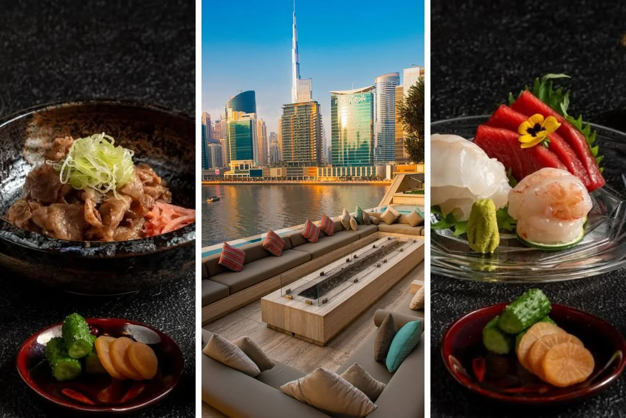 TakaHisa 12 Triptych featuring a bowl of Japanese beef donburi, an outdoor patio lounge overlooking the Dubai skyline and Burj Khalifa, and a plate of fresh sashimi.