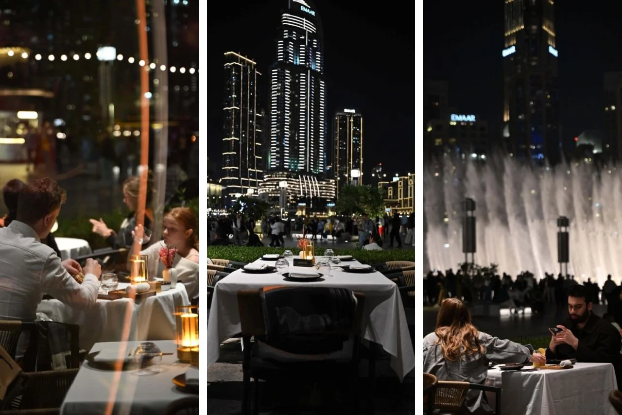 Triptych showing guests dining at an outdoor luxury restaurant at night, a set dinner table facing lit skyscrapers, and a couple watching the Dubai Fountain show.