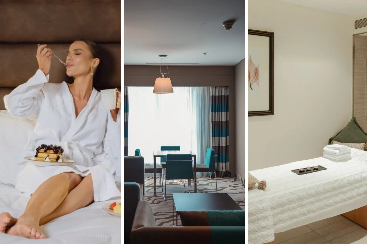 A triptych image shows: left, a woman in a robe relishing breakfast in bed; center, a modern hotel room with teal accents; right, a serene spa massage table.