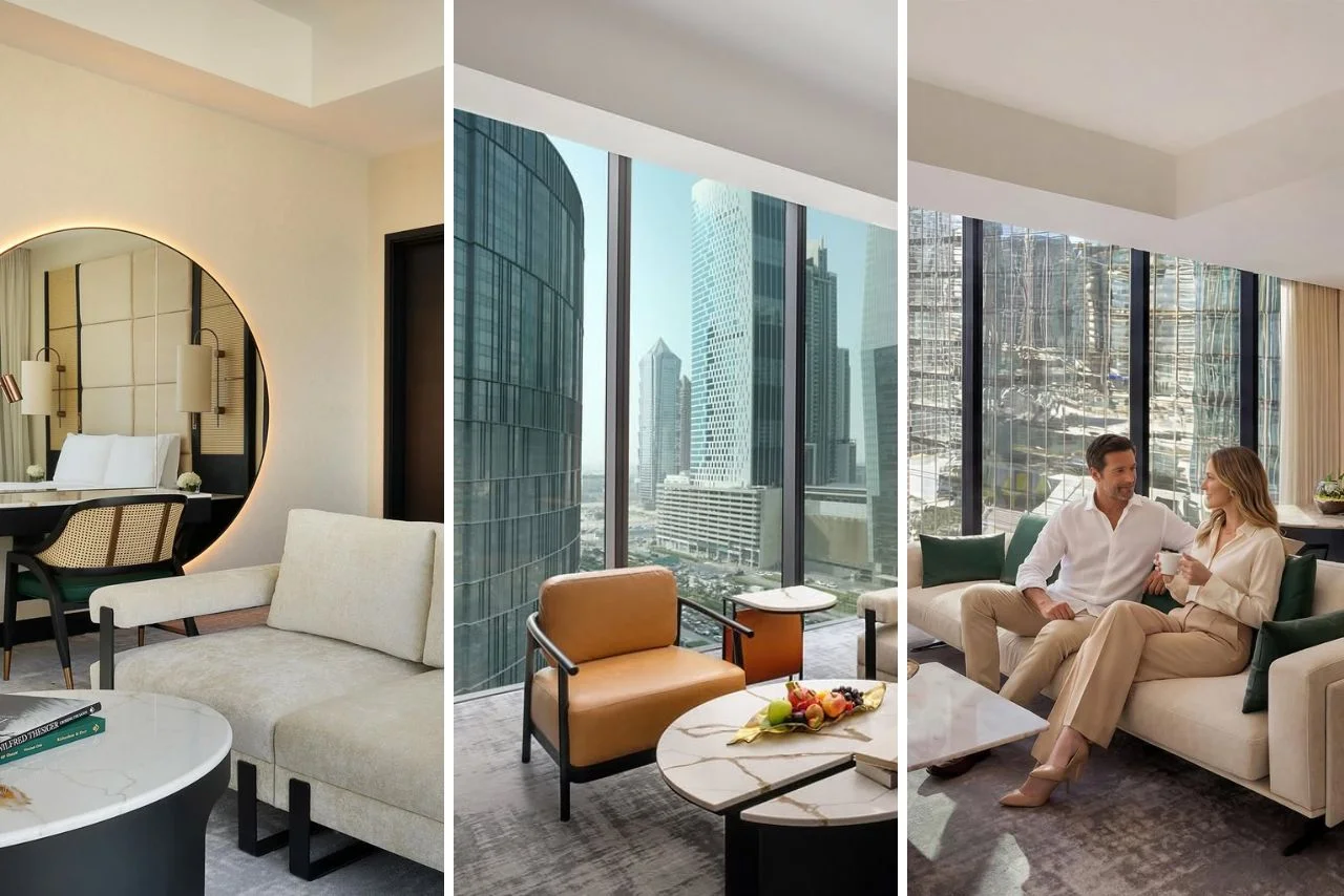 Anantara Downtown Dubai Hotel 18 Three-part image: A hotel room with a round mirror and modern decor, a city view from large windows, and a couple relaxing on a sofa, smiling warmly.