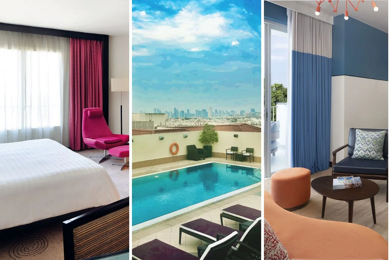 Three-panel image: Left shows a hotel room with a white bed, pink chair, and floor lamp. Center features a rooftop pool with city skyline views. Right displays a cozy living area with blue and white decor, orange chair, and wooden table.