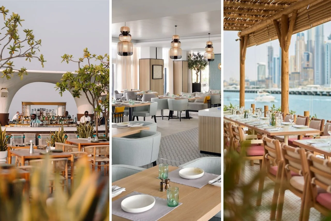 30+ Beachfront Restaurants in Dubai Marina Beach Great Food, Views, Vibes and a Lot More 1 Split image of three dining spaces: an outdoor bar with greenery, a modern indoor restaurant with gray chairs, and a waterfront terrace with city views.
