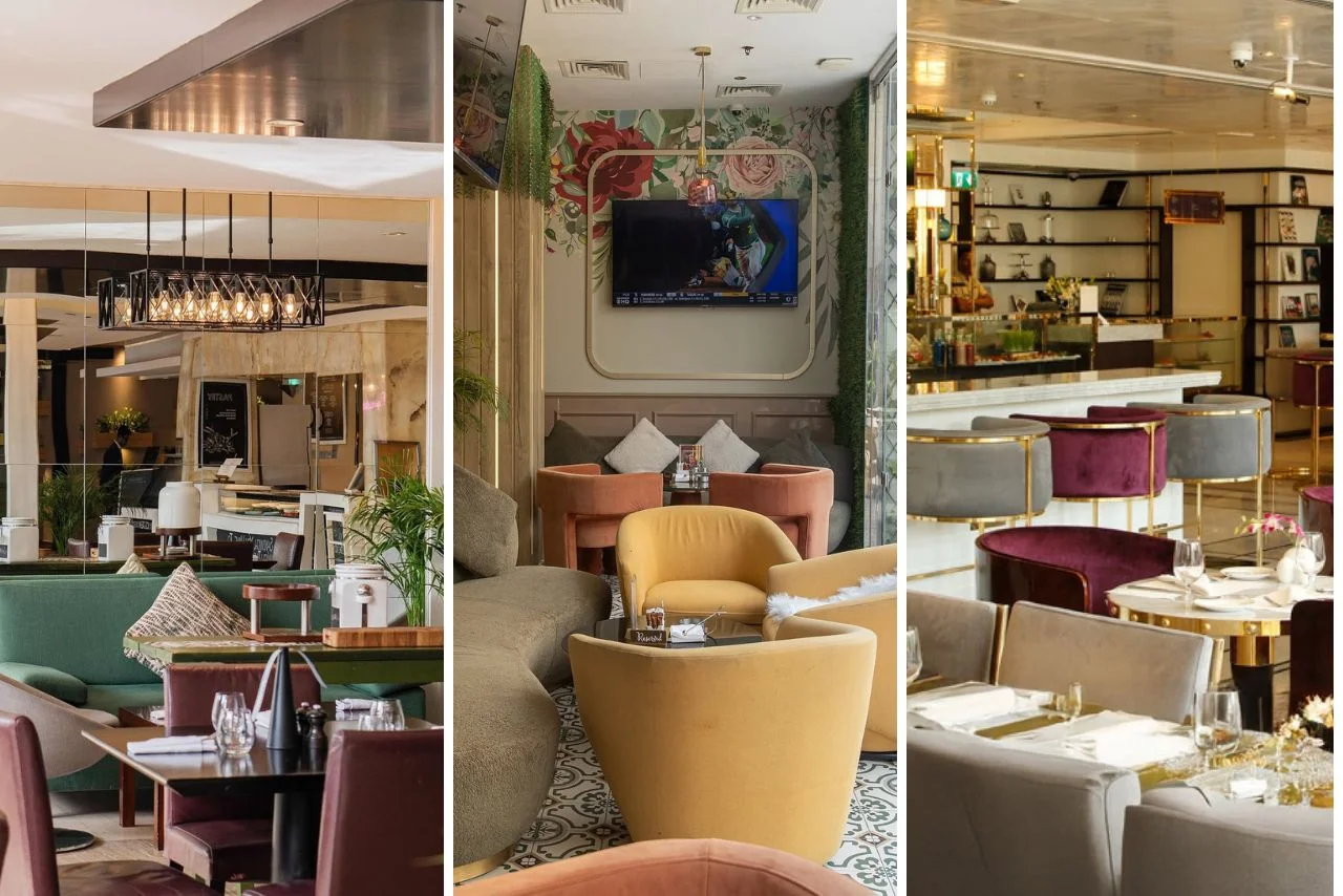 30+ Cafes in Dubai Marina To Bookmark for Great Food, Vibes, Beverages and more. 5 Three elegant restaurant interiors are shown in a vertical collage. Each section features plush seating, stylish lighting, and a cozy ambiance.