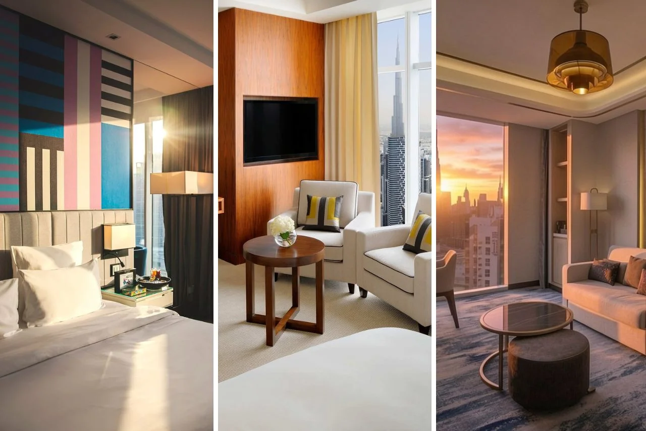Hygiene Hospitality and Healing: Hotels With 24/7 Doctor on Call in Business Bay 25 Three hotel rooms: colorful art decor with sunlight on a bed, modern room with chairs overlooking a skyscraper, and cozy room with sunset city view.