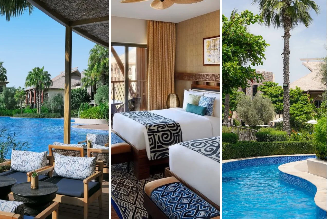 Collage showing a resort: left, chairs overlook a blue pool and lush greenery; center, a cozy hotel room with twin beds; right, a pool near palm trees.