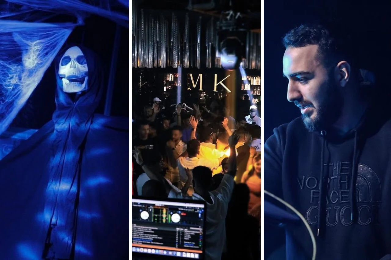MK Nightclub Dubai 1 A triptych image featuring: left, a blue-lit skeleton in a cloak; center, a lively nightclub crowd with raised hands; right, a focused DJ in a dark hoodie.