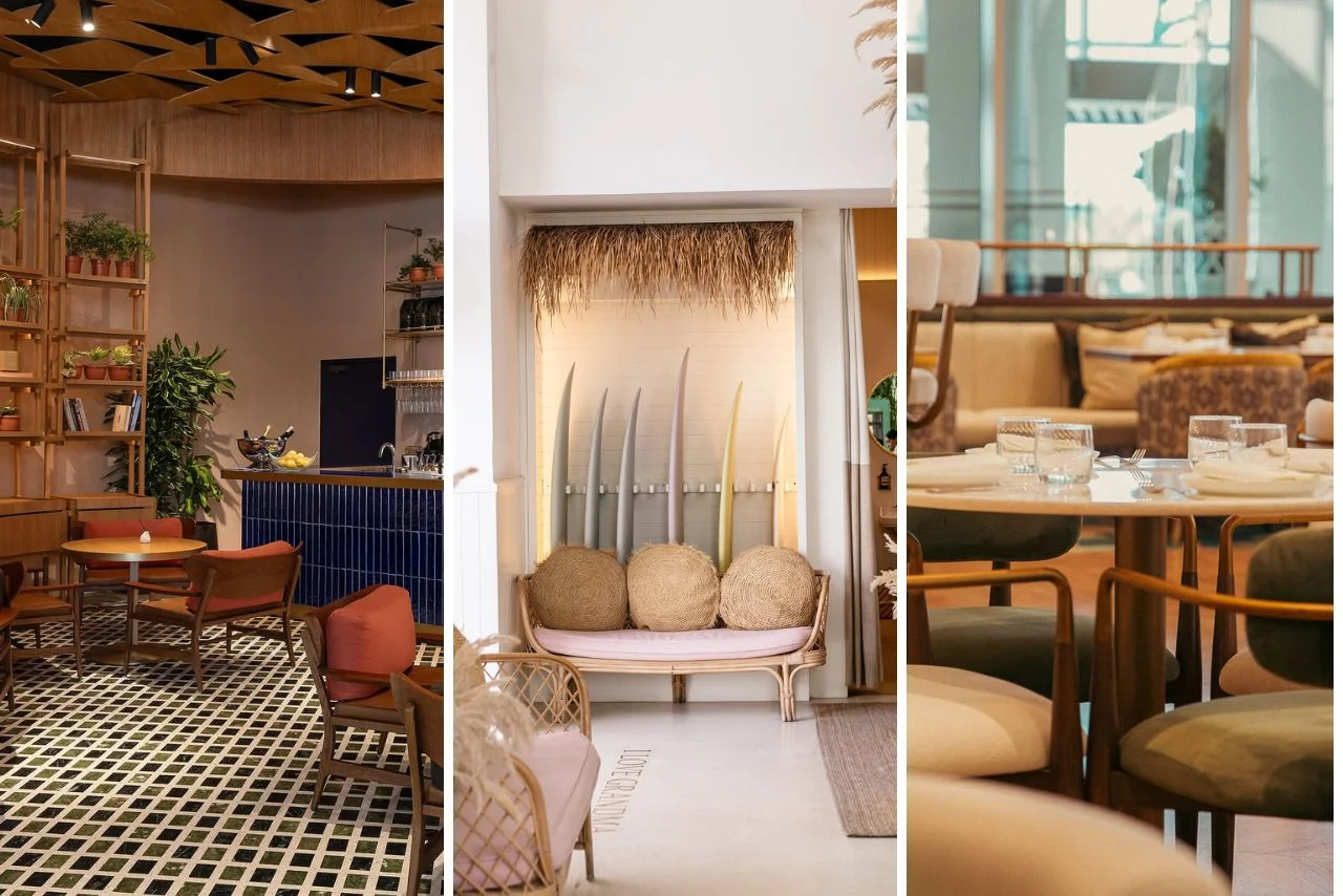 Finest Restaurants and Cafes in Palm Jumeirah Mall For Dedicated Food Outing 2 A triptych of stylish interiors: Left, a cozy café with wood and greenery; center, bohemian lounge with surfboards and wicker; right, elegant dining area with soft tones.