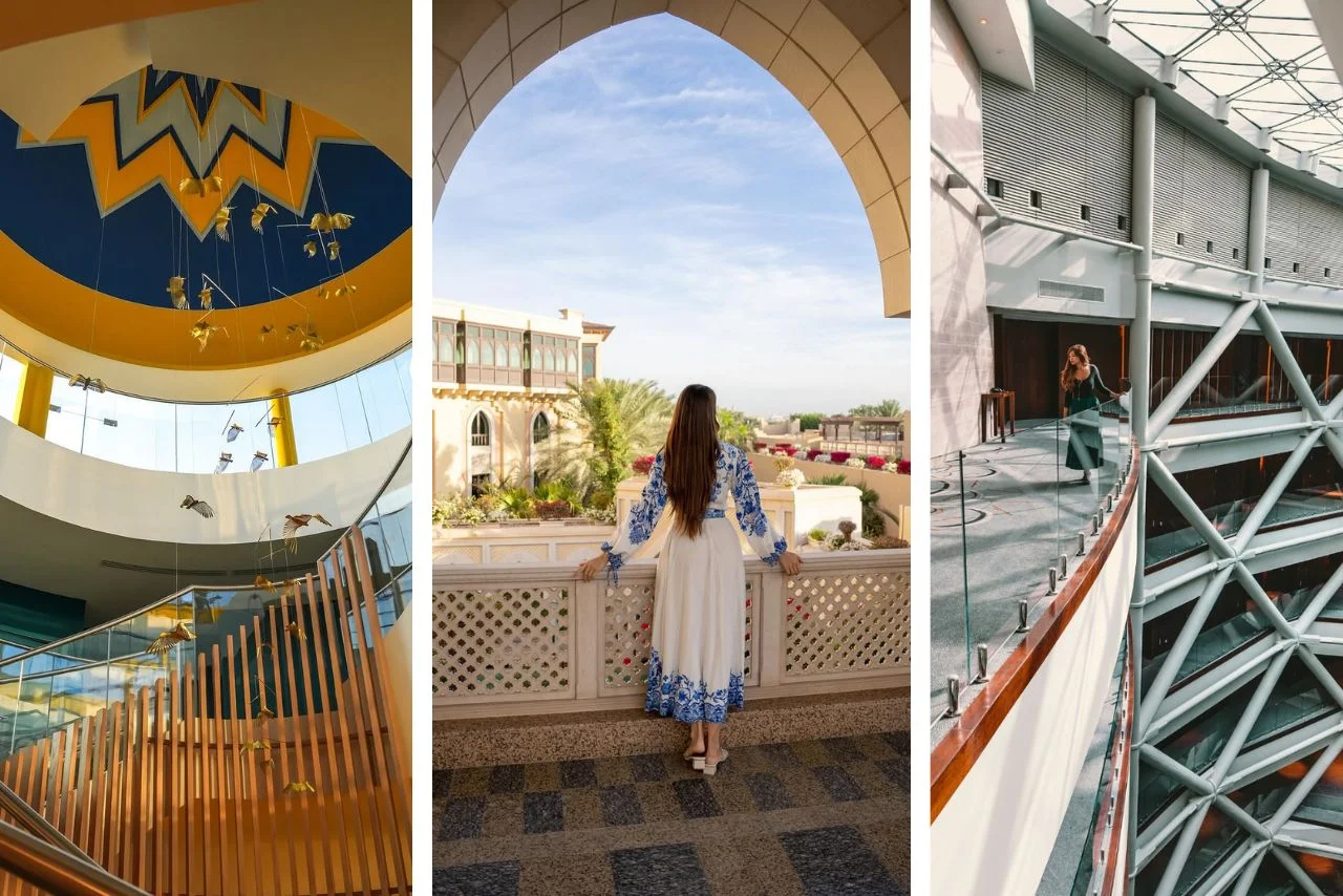 Sand Dunes, Sunset Views and Swarovski Sparkle: Summer Staycations in Abu Dhabi 24 Triptych showing a modern staircase beneath a yellow ceiling with a kinetic bird mobile, a woman in a blue and white dress on a scenic stone balcony, and a woman walking along an indoor balcony overlooking a large atrium.