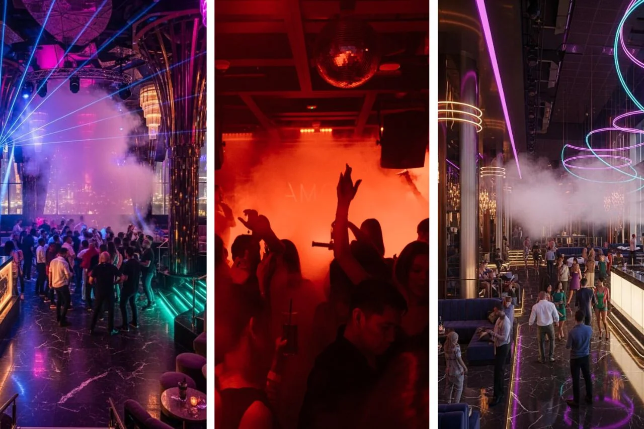 Triptych of a crowded luxury nightclub with laser lights, fog machines, a disco ball, and people dancing on a marble floor.