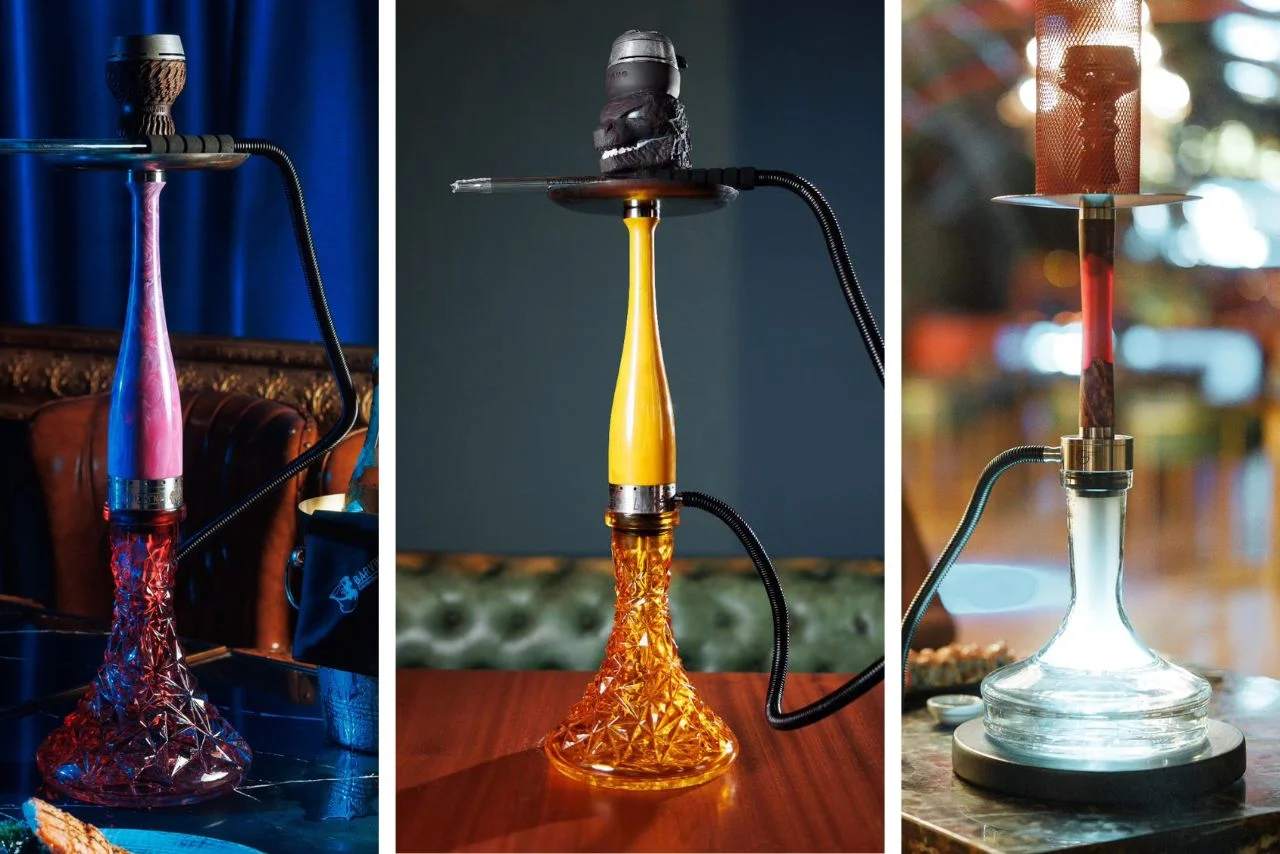35+ Best Shisha Cafes in Dubai (2026): Rooftop, Beachfront and Late-Night Spots 2 Three premium, modern hookah pipes with intricately textured glass bases and vibrantly colored stems displayed in a side-by-side product showcase.