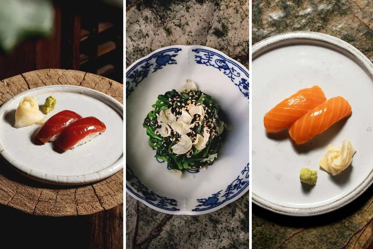 Three culinary dishes on distinct plates: tuna nigiri with wasabi and ginger (left), a seaweed salad with sesame seeds (center), and salmon nigiri with wasabi and ginger (right), evoke a sense of refined Japanese cuisine.