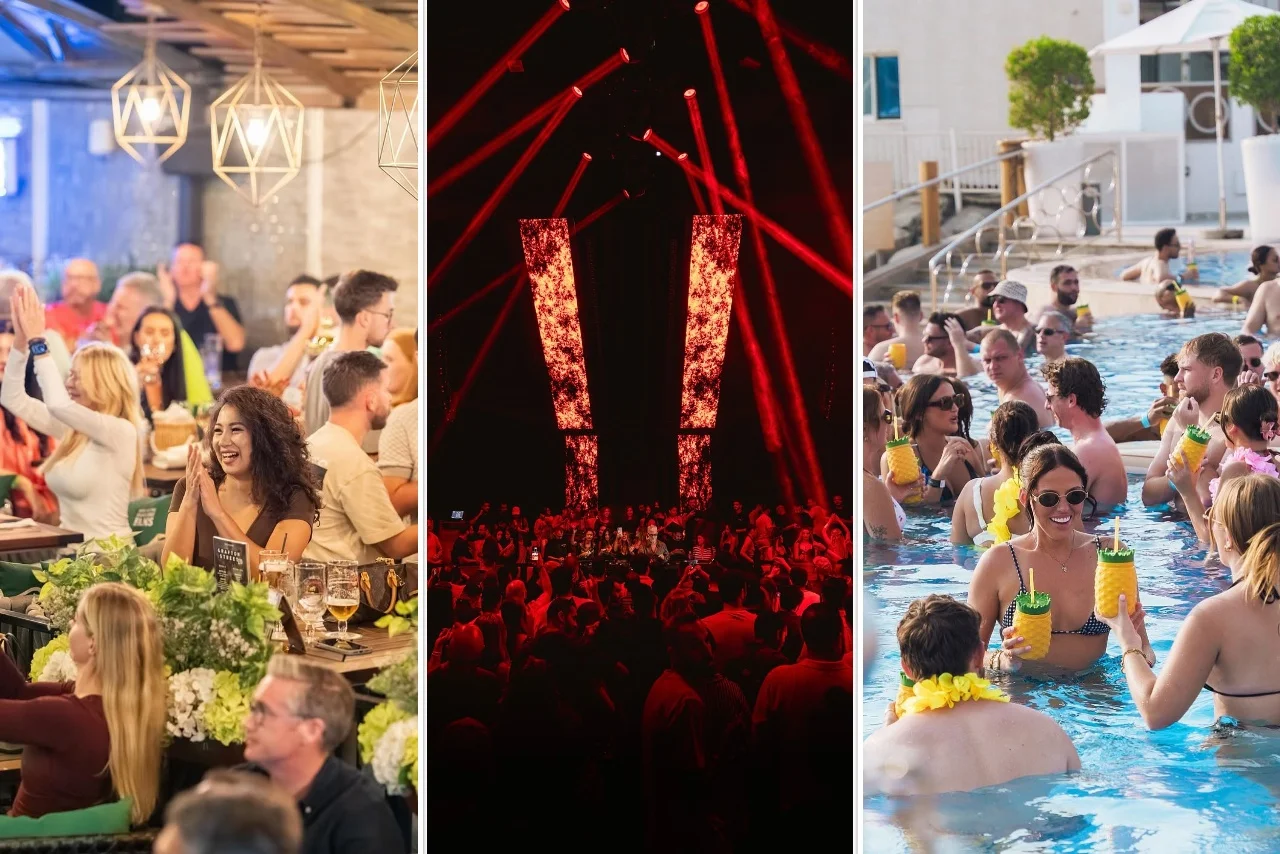 A triptych shows lively scenes: a vibrant bar with cheering patrons, an energetic nightclub with red lights, and a festive pool party with joyful swimmers.