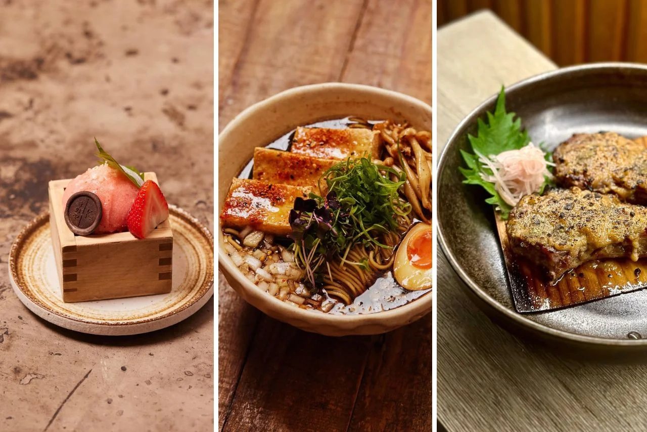 Collage of three dishes: a strawberry and chocolate dessert in a wooden box, savory noodle soup with tofu, and grilled fish on a dark plate.