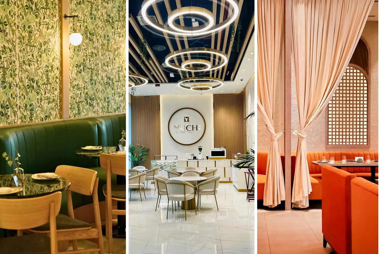 Three restaurants with distinct designs: the first has a green floral wallpaper and wood accents; the second features modern, circular lights and beige tones; the third displays warm orange seating with elegant draped curtains.